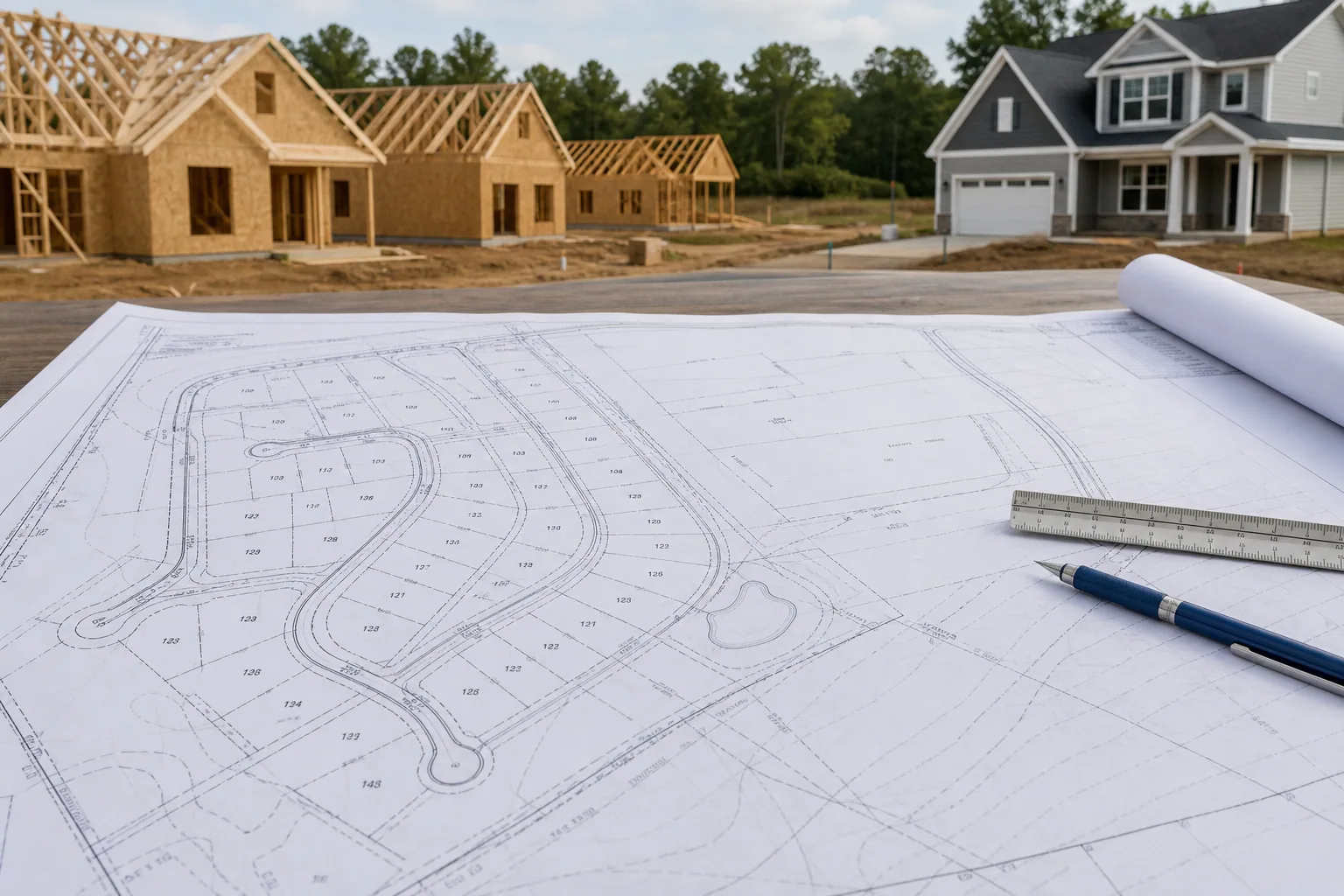 Residential subdivision plat beside framed and completed new homes